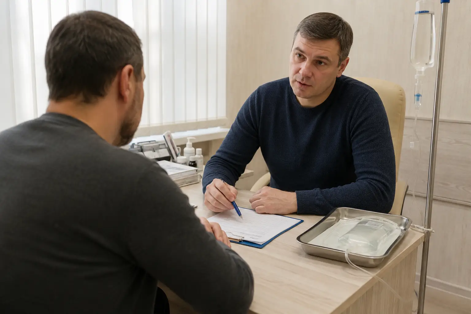 Врач обсуждает схему двойного блока